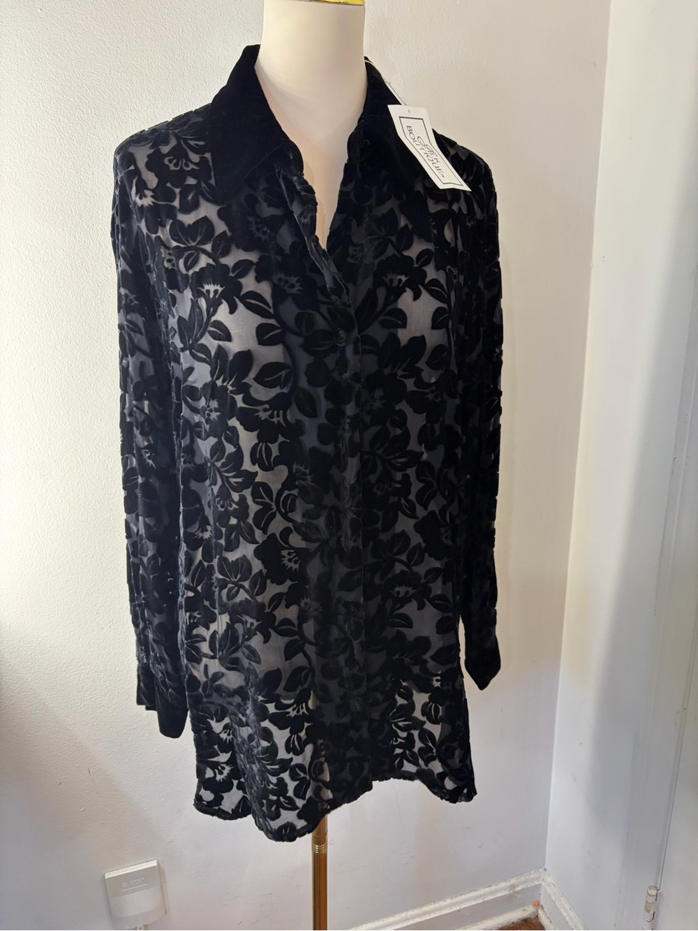 QVC Vintage Black Floral velvet silk Burnout Sheer Button-Down Shirt